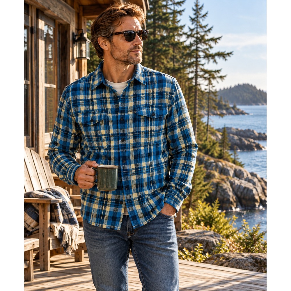 Outerknown Mens M Blanket Shirt Blue Yellow Plaid Organic Cotton Flannel